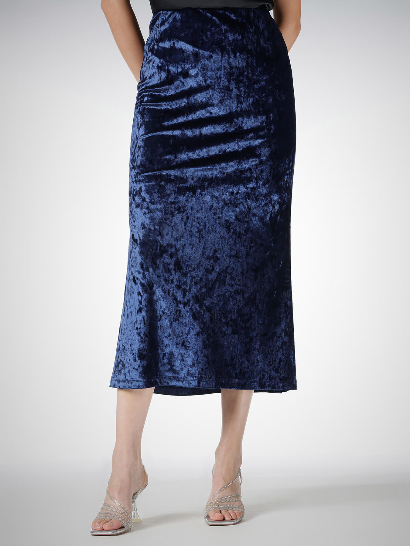 Velvet Mermaid Cut Midi Skirt - Navy Blue