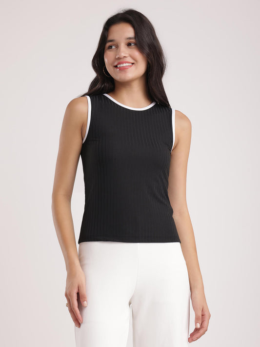 Round Neck Rib Knit Top - Black And White