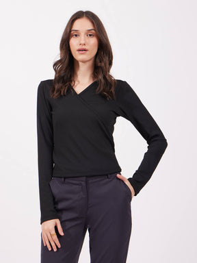 V-Neck Wrap Top - Black