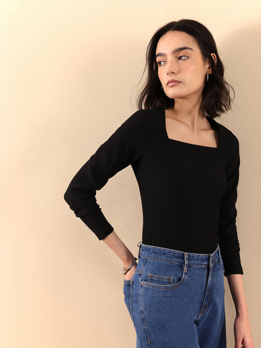 Stretchable Square Neck Top - Black