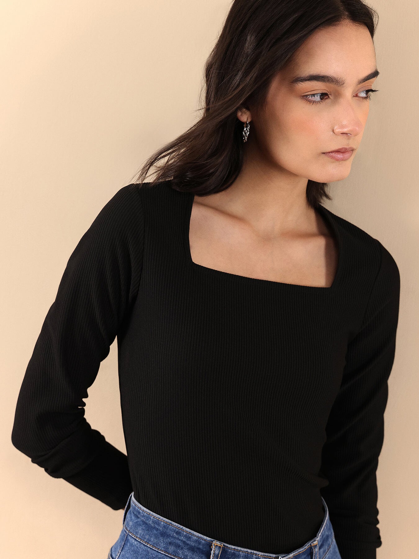Stretchable Square Neck Top - Black