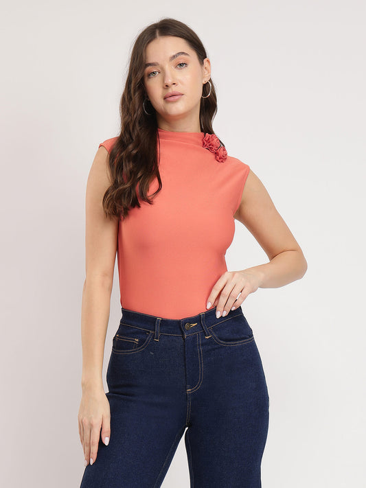 Stretchable High Neck Top - Peach