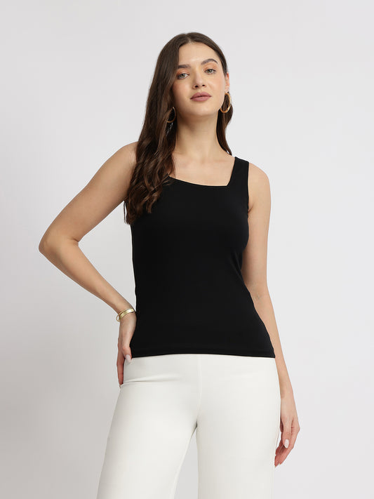 Stretchable Cotton Tank Top - Black