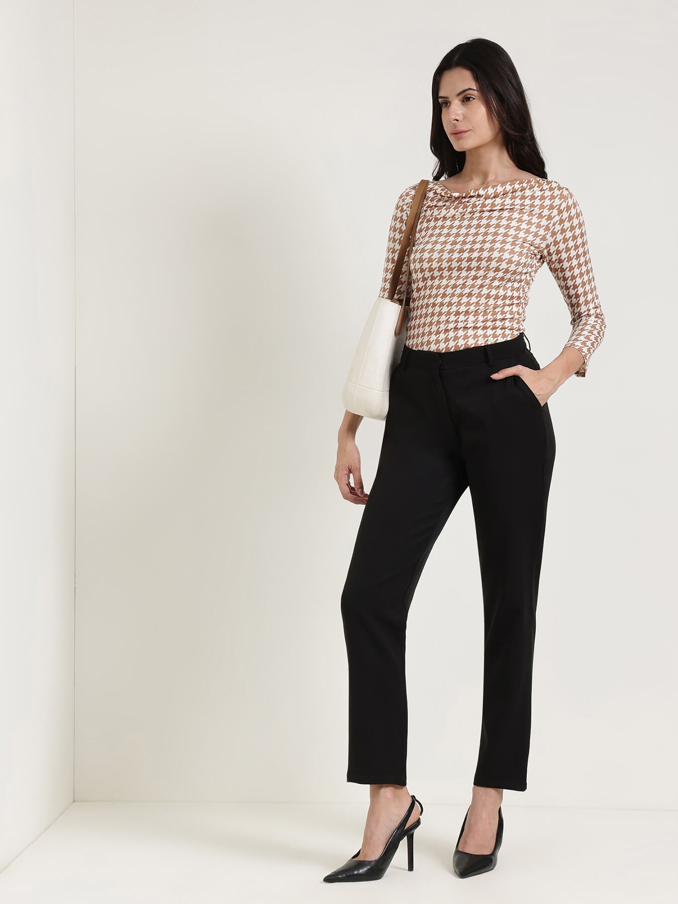 Cowl Neck Houndstooth Top - Off White