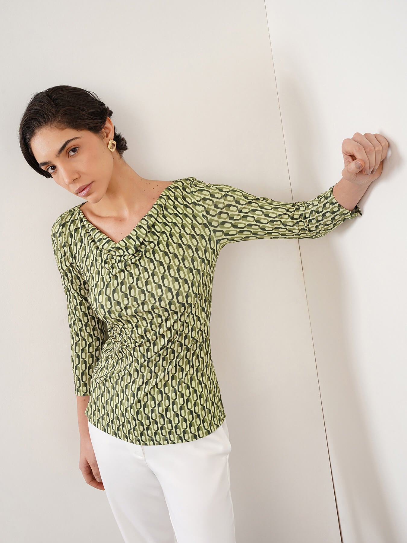 Geometric Cowl Neck Top - Olive