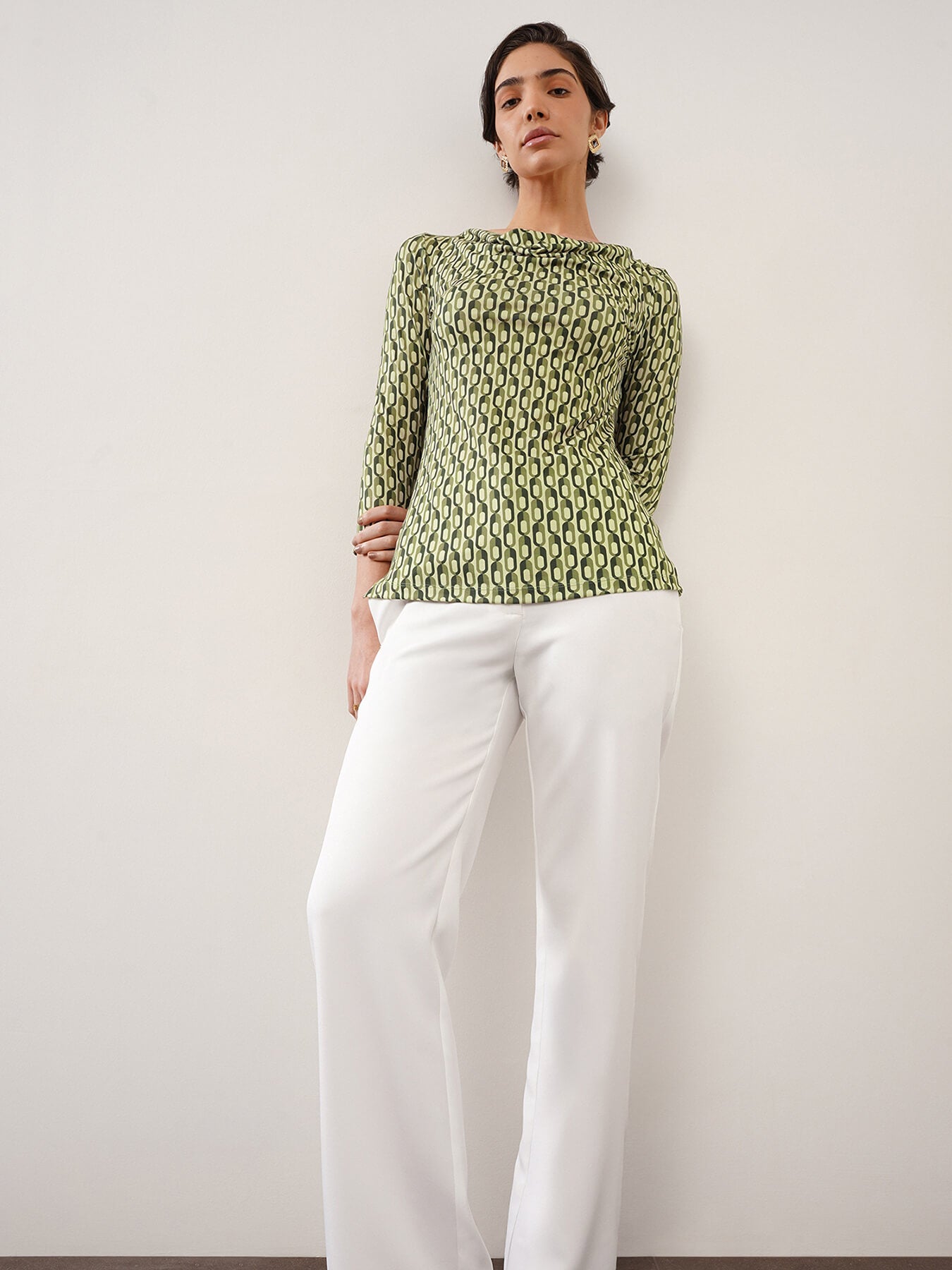 Geometric Cowl Neck Top - Olive