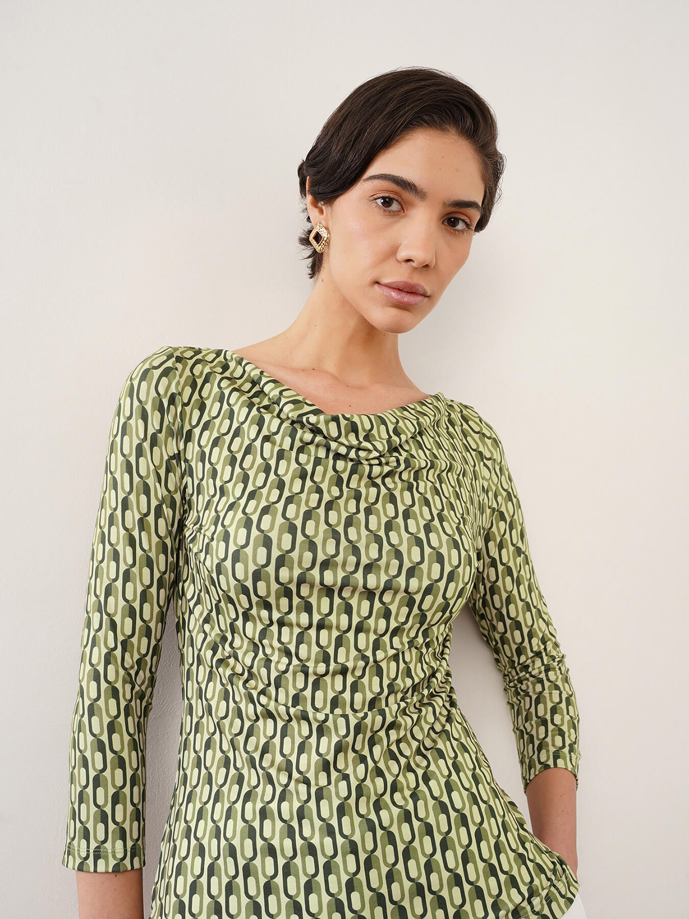 Geometric Cowl Neck Top - Olive