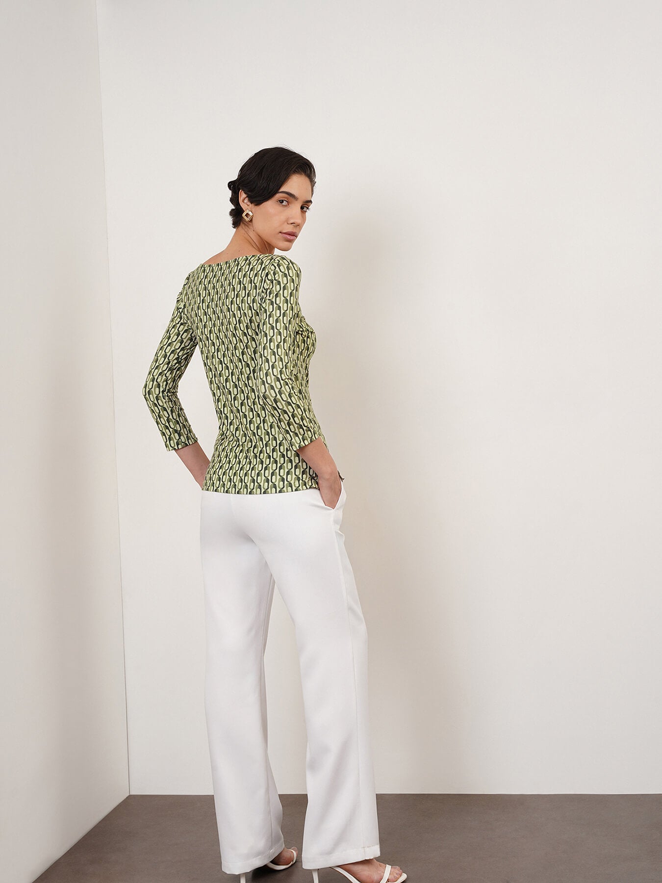 Geometric Cowl Neck Top - Olive