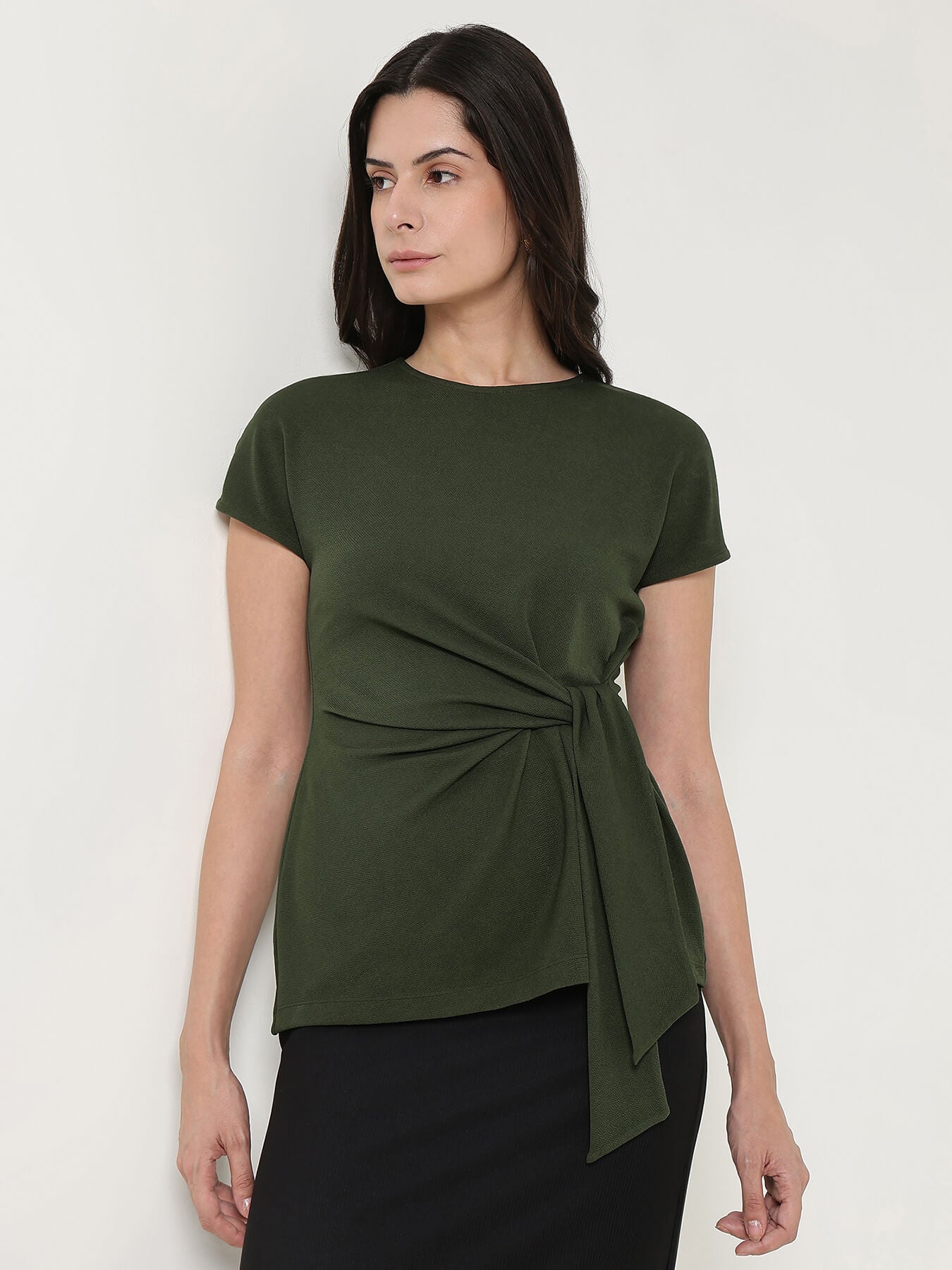 Round Neck Wrap Top - Olive