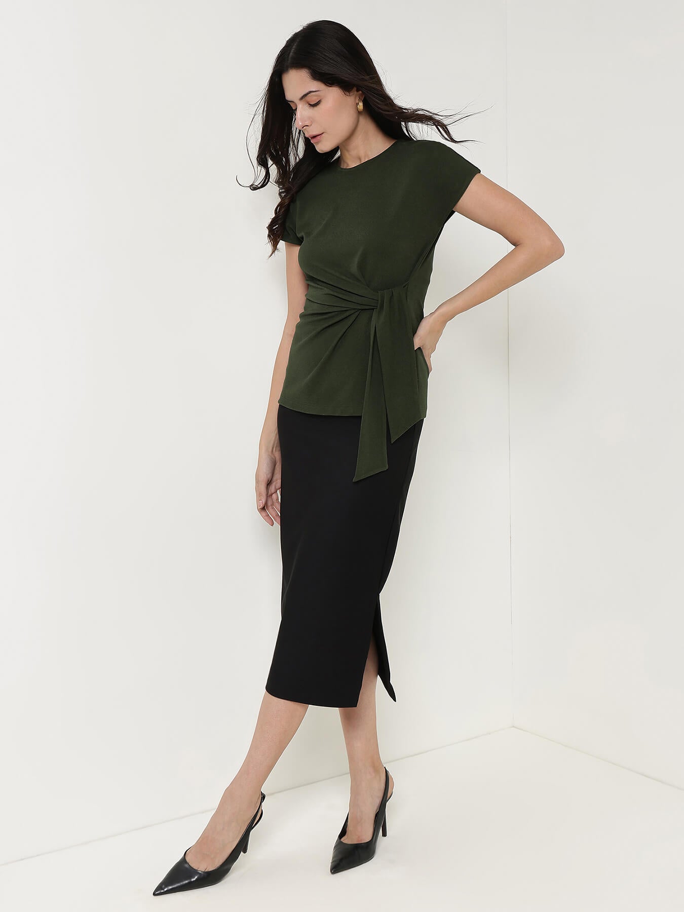 Round Neck Wrap Top - Olive
