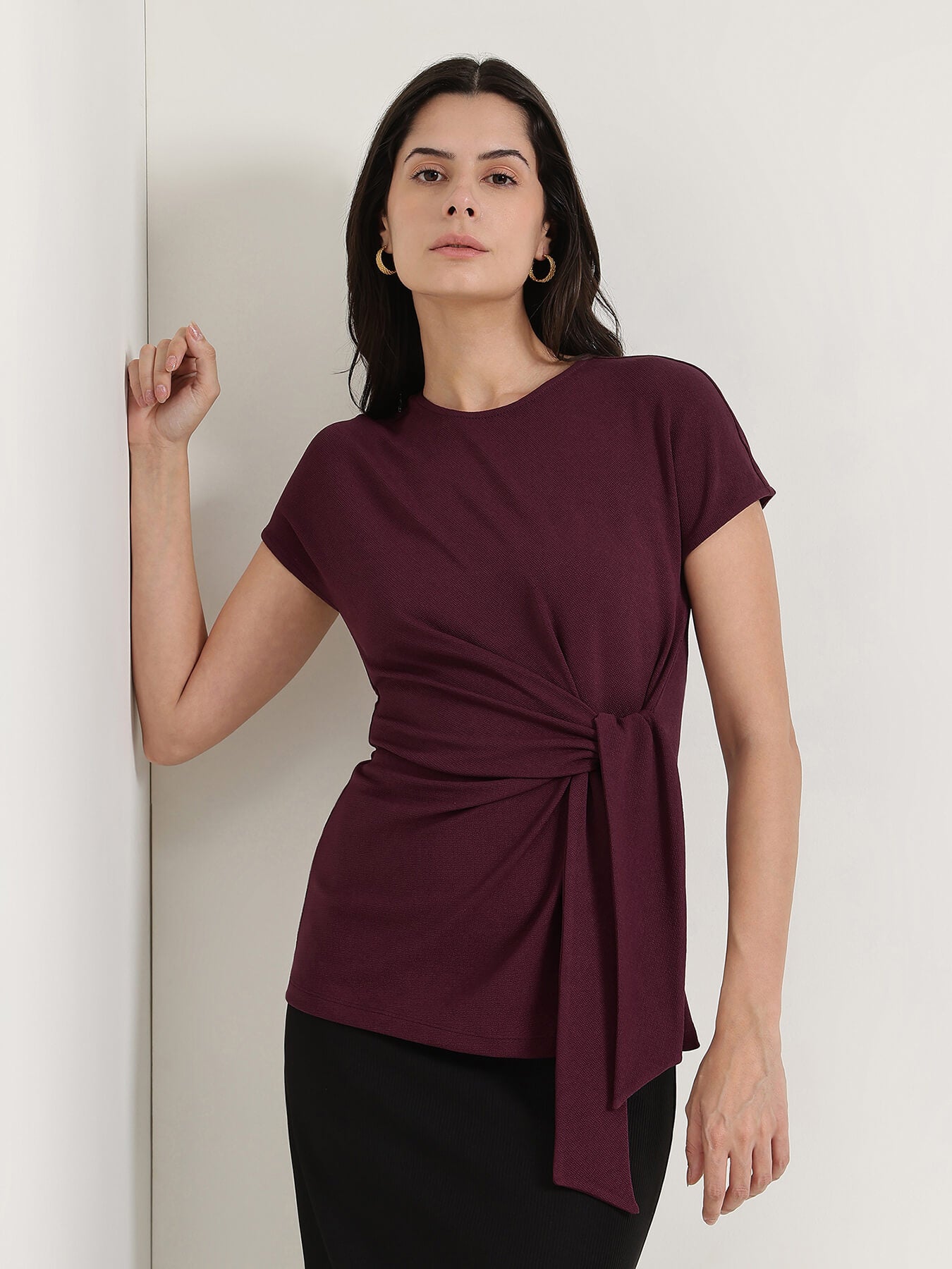 Round Neck Wrap Top - Wine