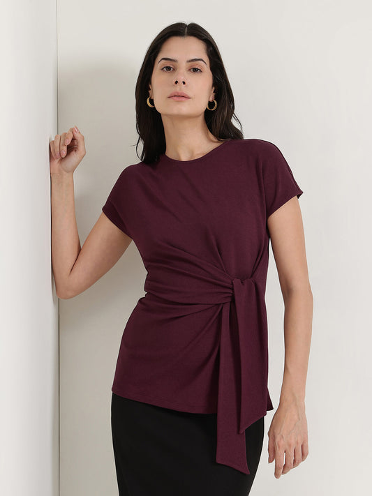 Round Neck Wrap Top - Wine