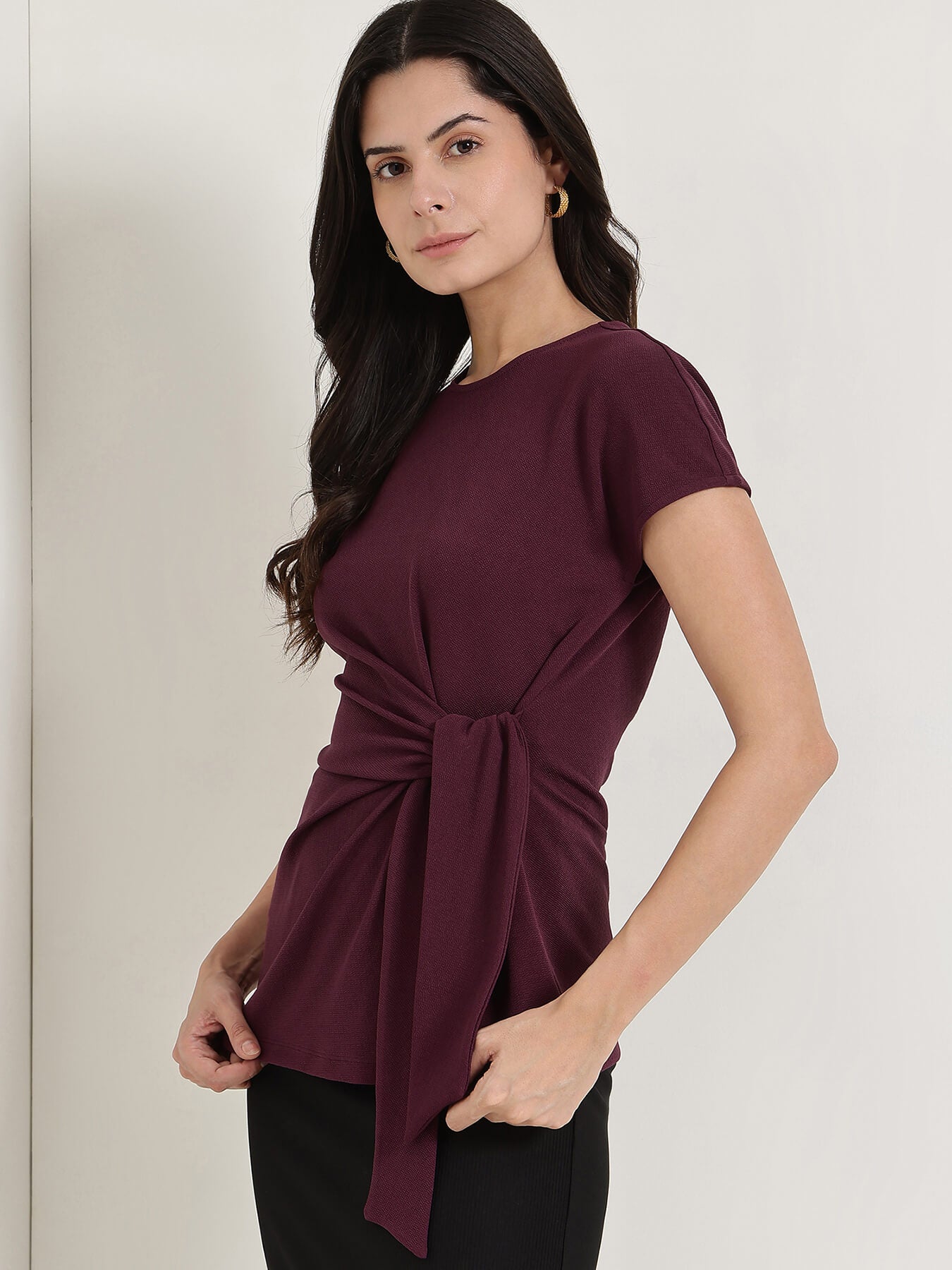 Round Neck Wrap Top - Wine