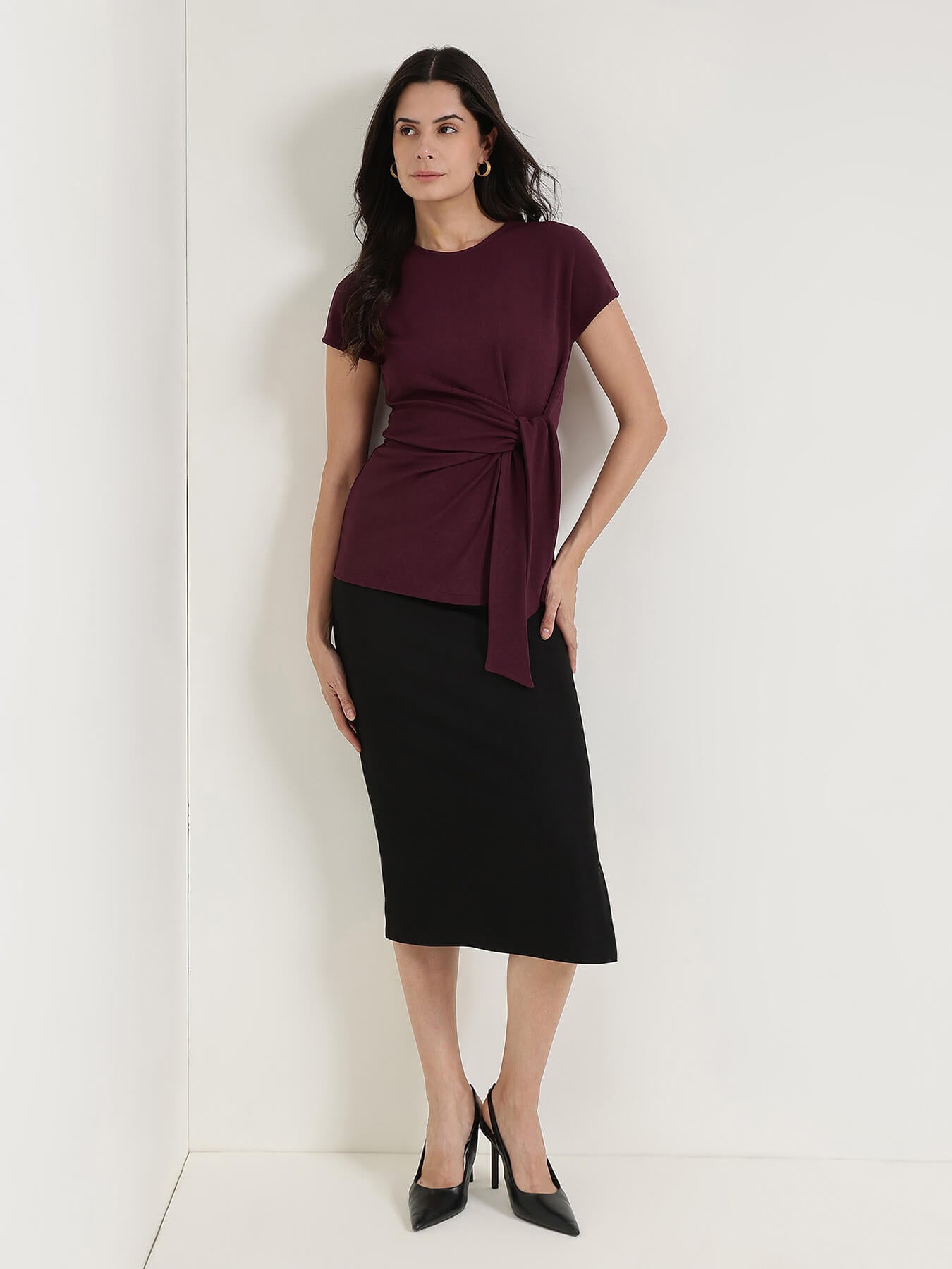 Round Neck Wrap Top - Wine