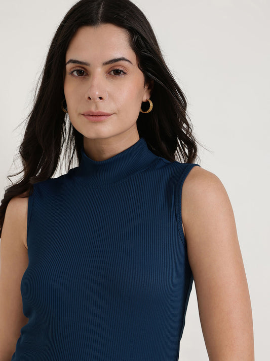 High Neck Top - Navy Blue