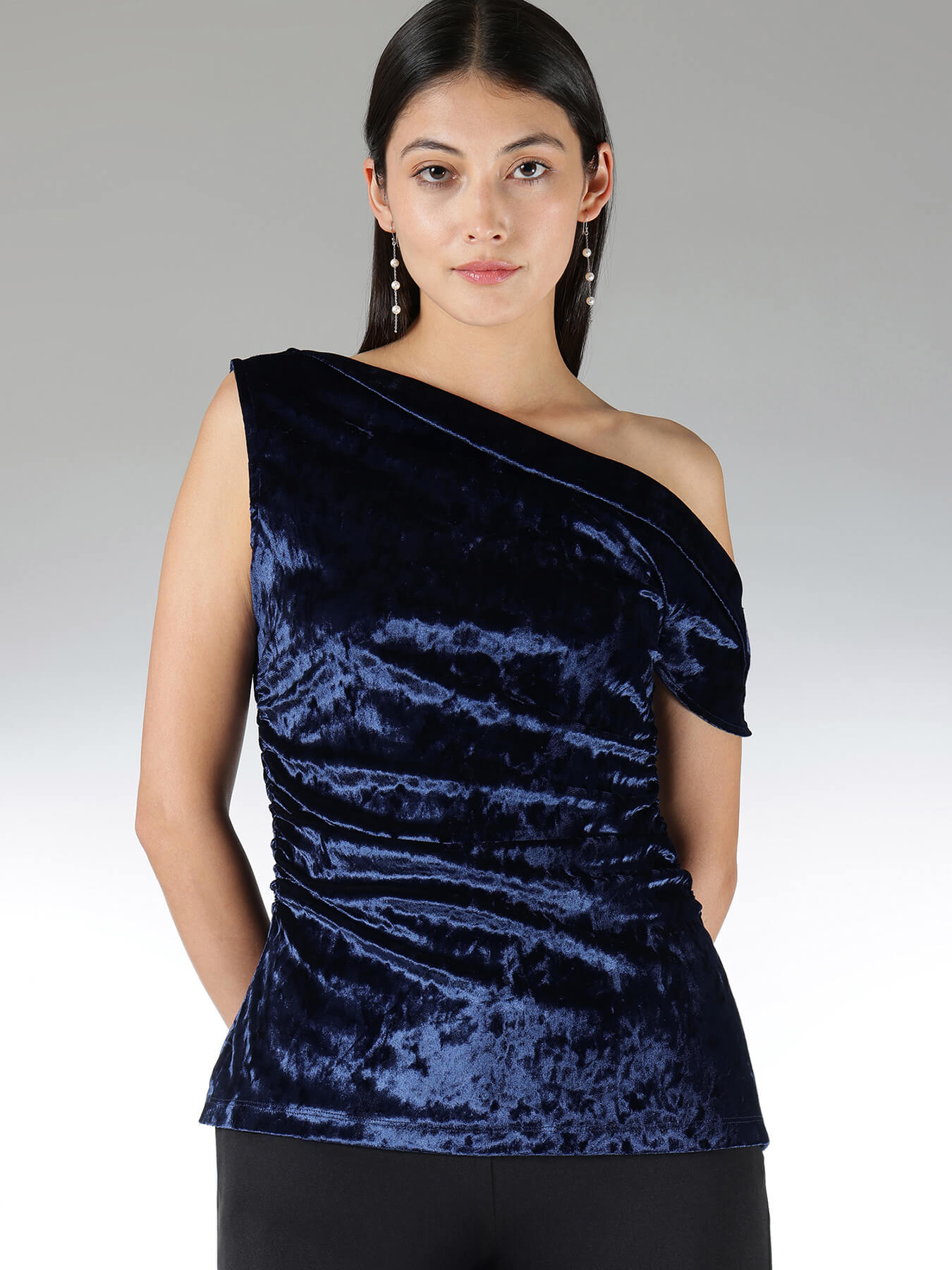 Velvet One Shoulder Top - Navy Blue