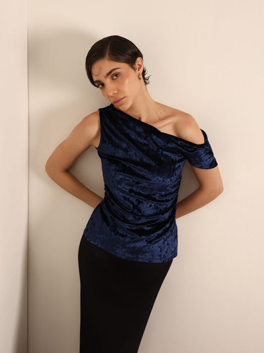 Velvet One Shoulder Top - Navy Blue