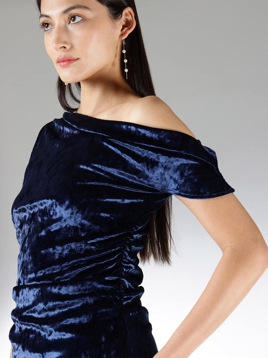 Velvet One Shoulder Top - Navy Blue