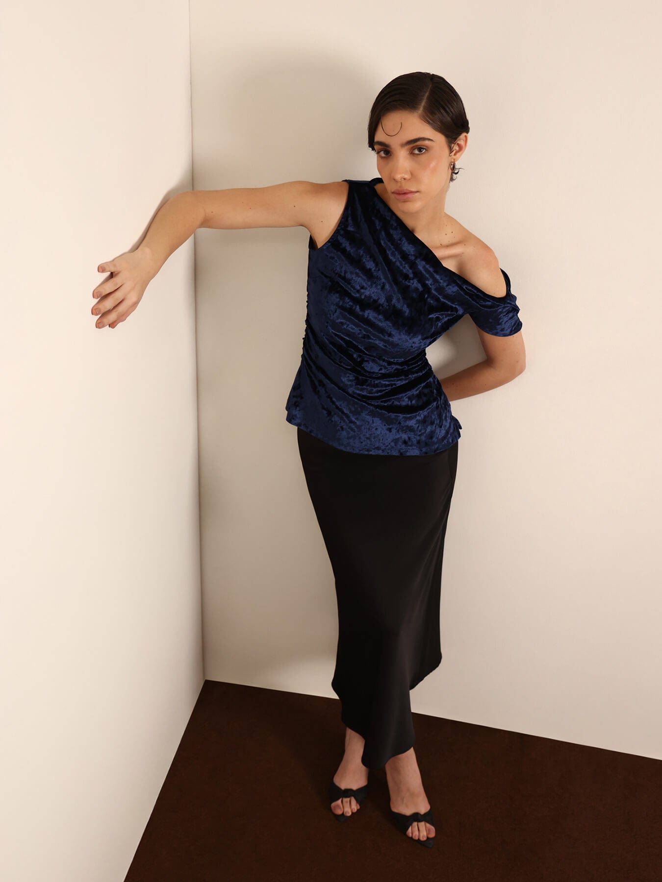 Velvet One Shoulder Top - Navy Blue