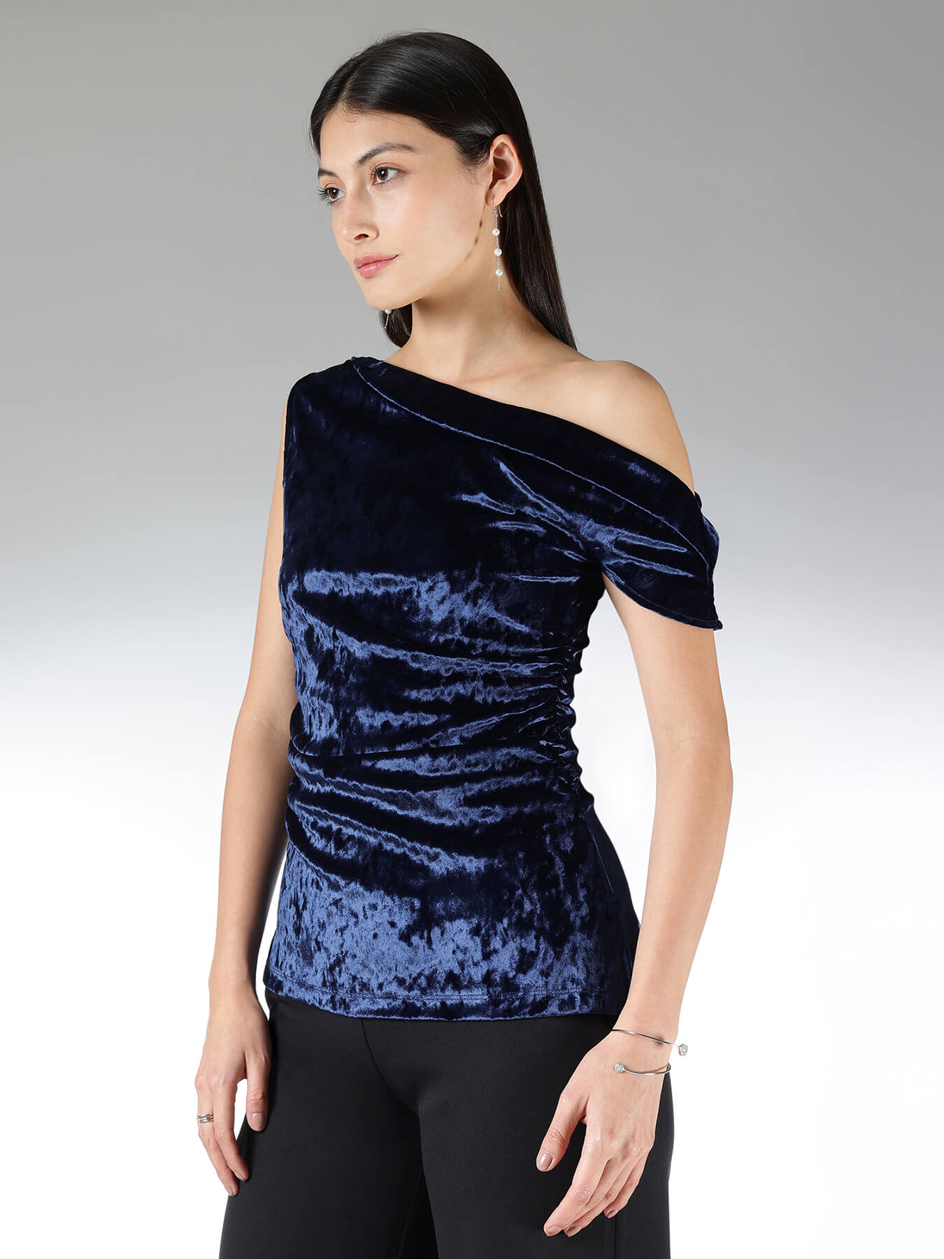 Velvet One Shoulder Top - Navy Blue