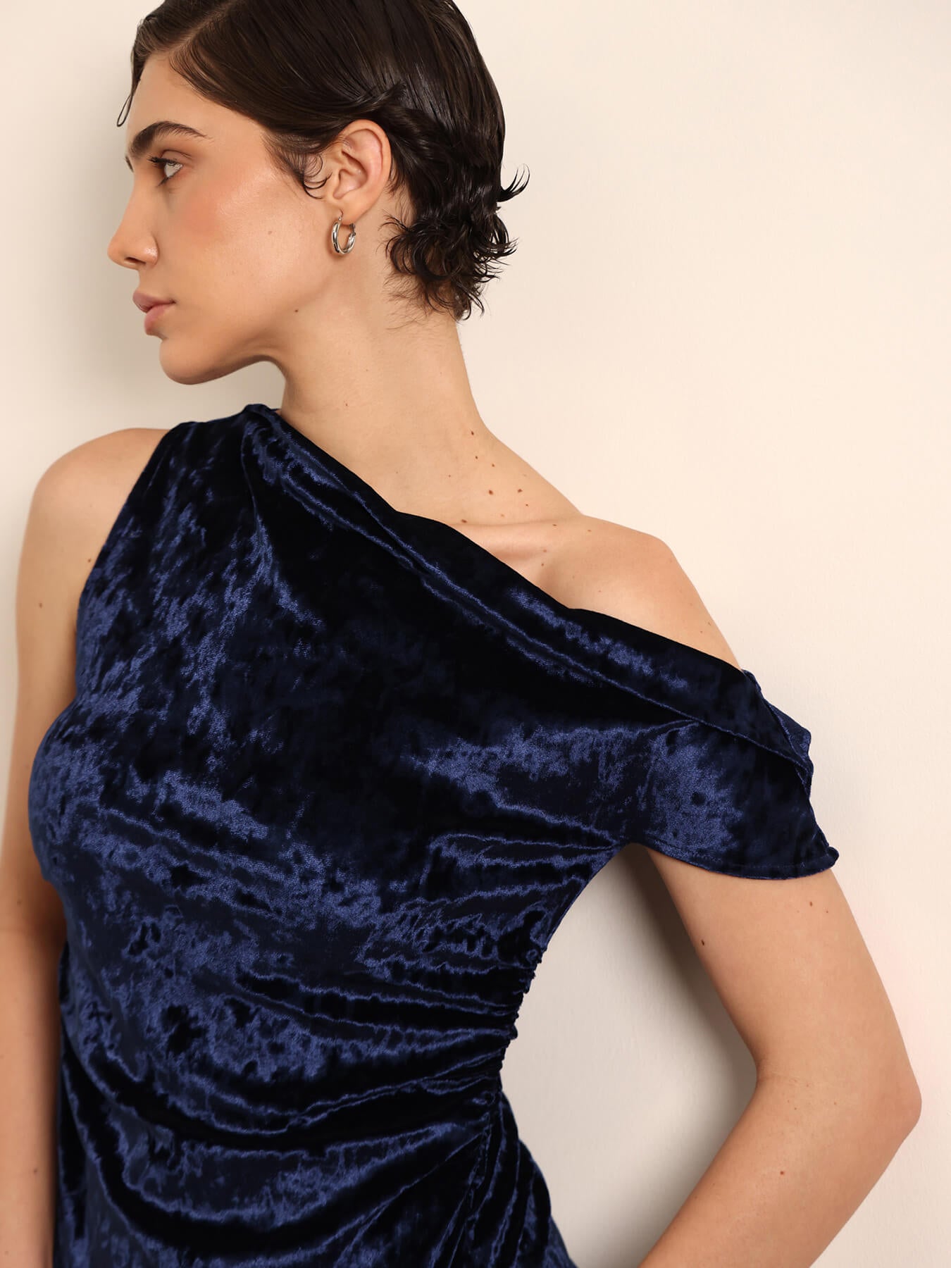 Velvet One Shoulder Top - Navy Blue