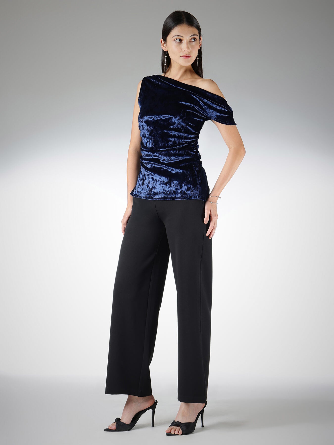 Velvet One Shoulder Top - Navy Blue