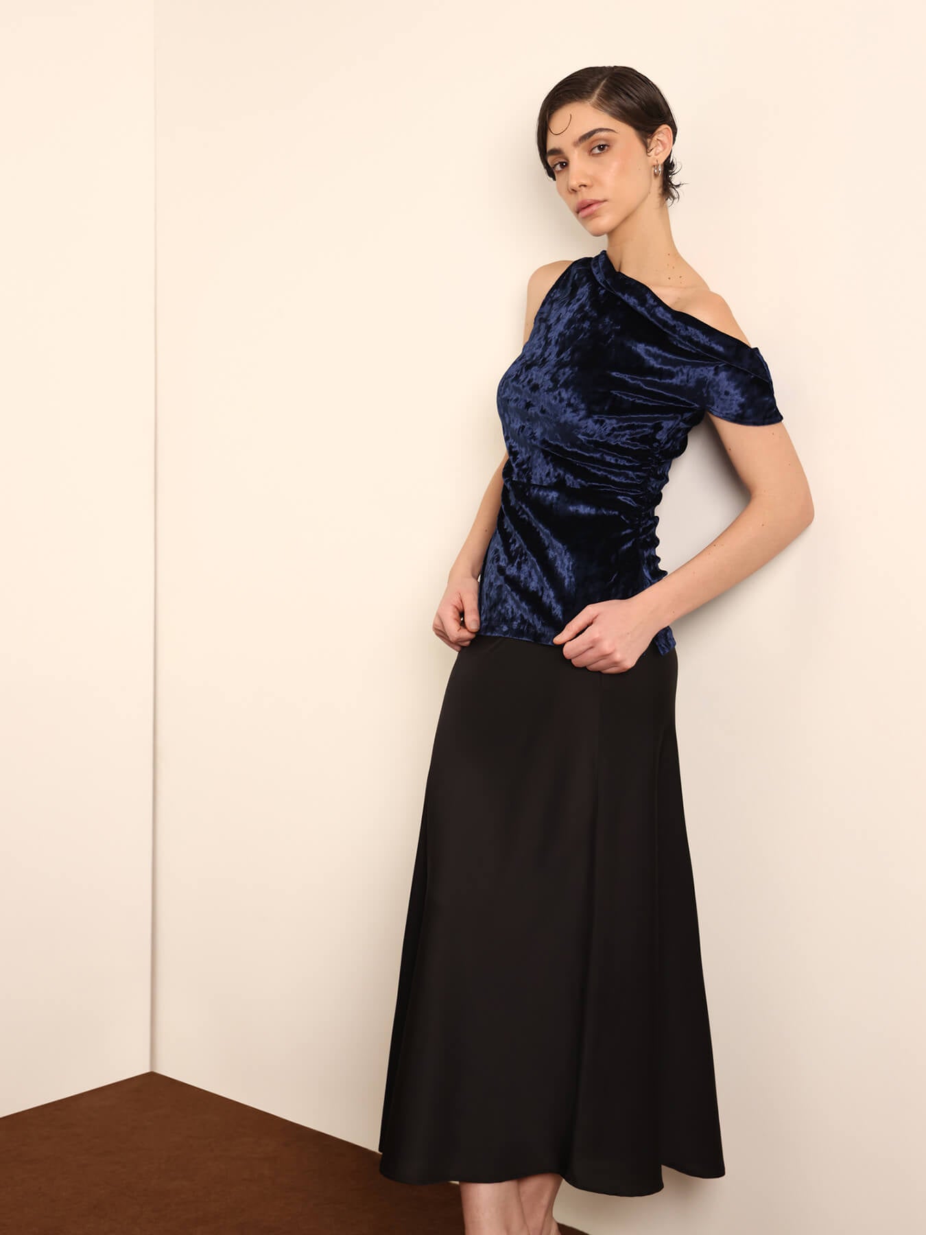 Velvet One Shoulder Top - Navy Blue