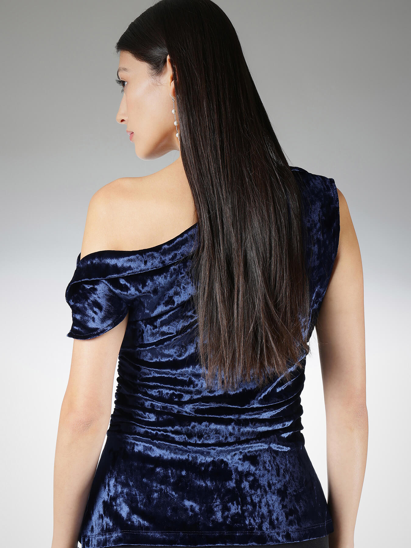 Velvet One Shoulder Top - Navy Blue