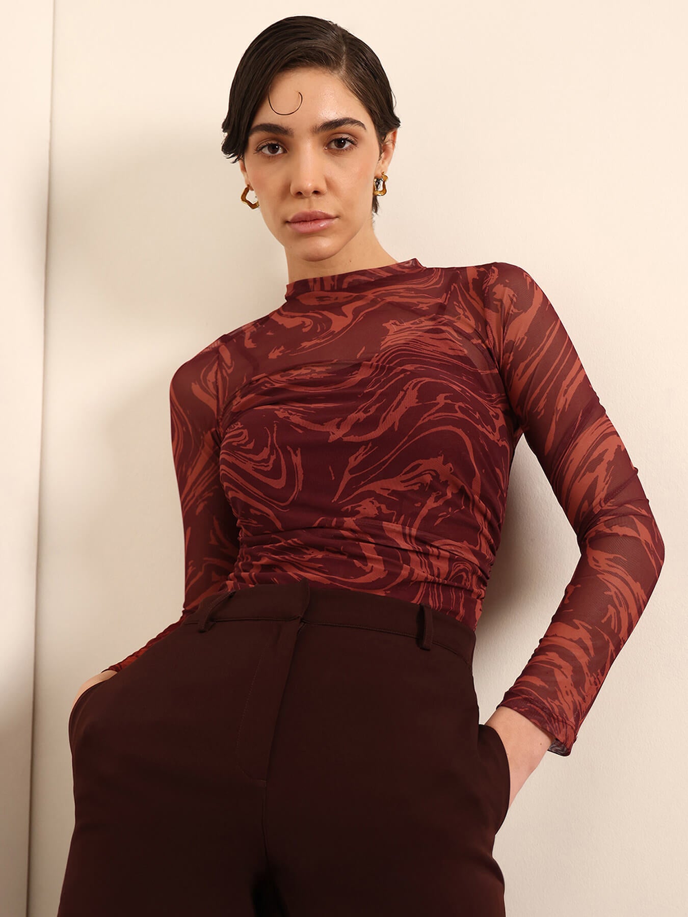 Abstract Print Mesh Top - Maroon