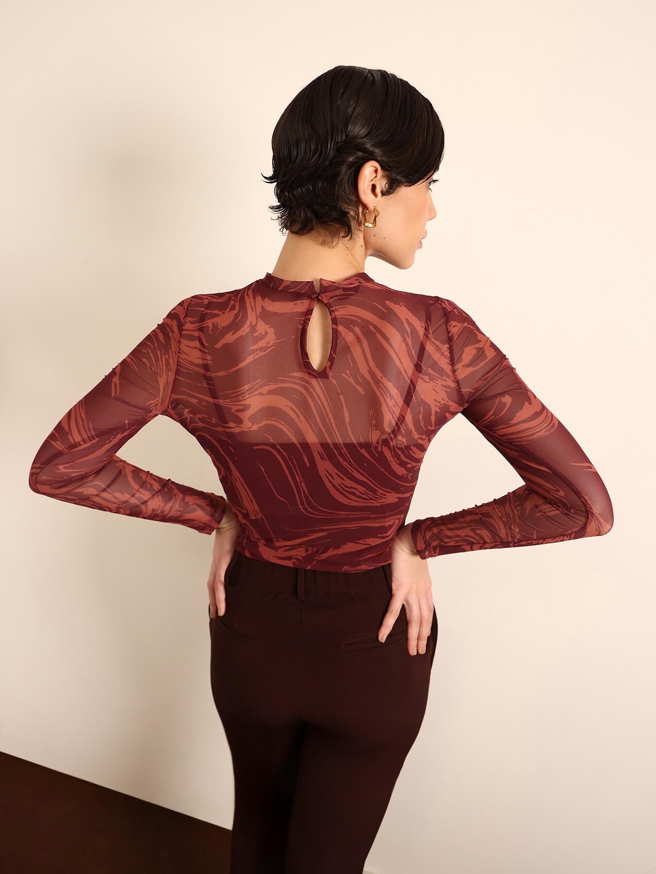 Abstract Print Mesh Top - Maroon