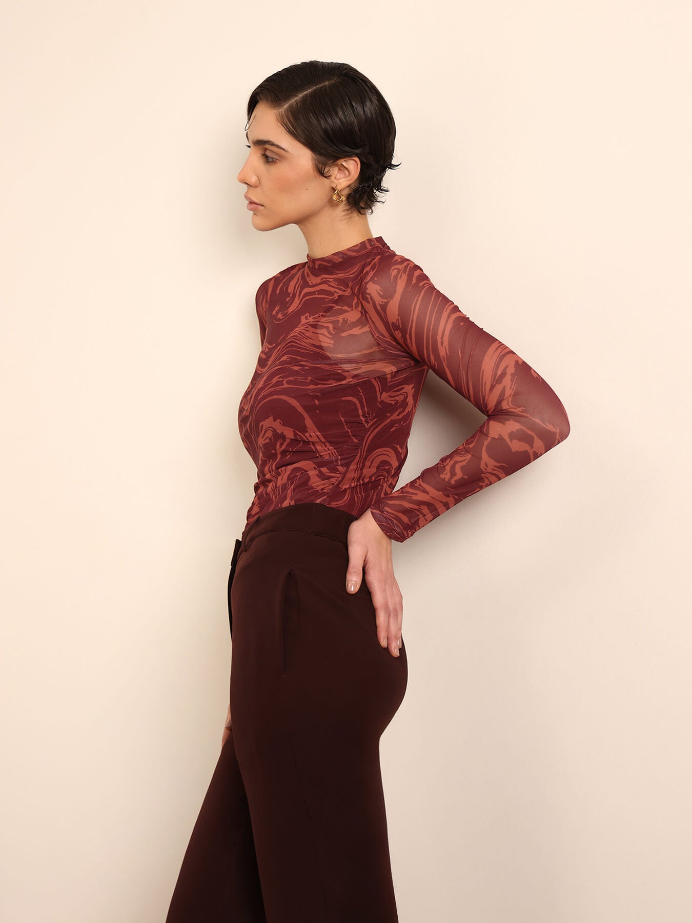Abstract Print Mesh Top - Maroon