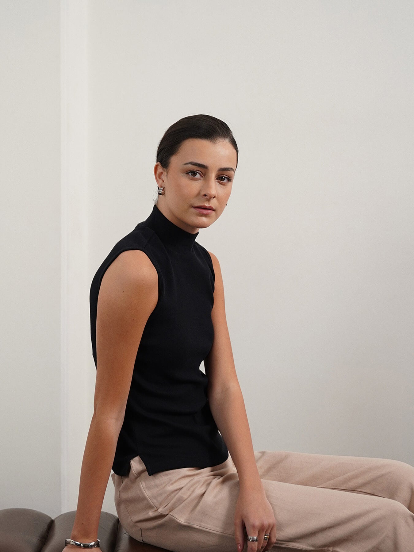 Cotton High Neck Tank Top - Black