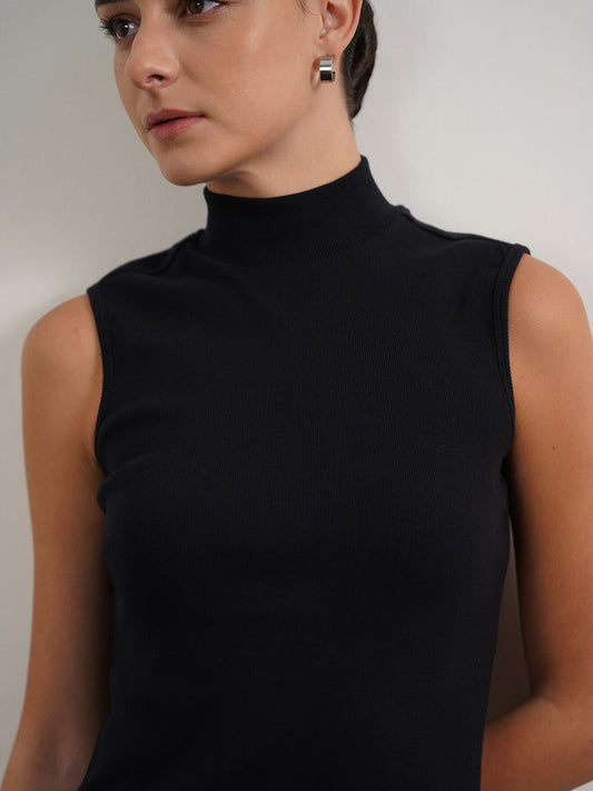Cotton High Neck Tank Top - Black
