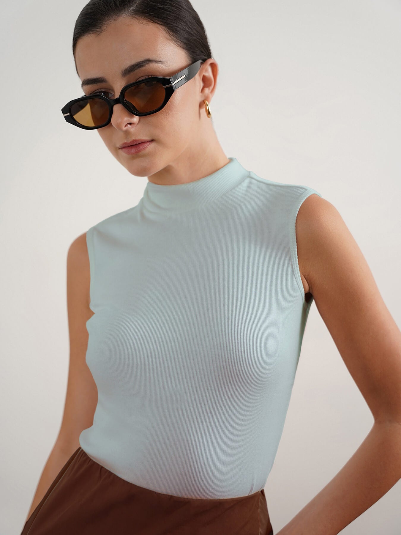 Cotton High Neck Tank Top - Blue