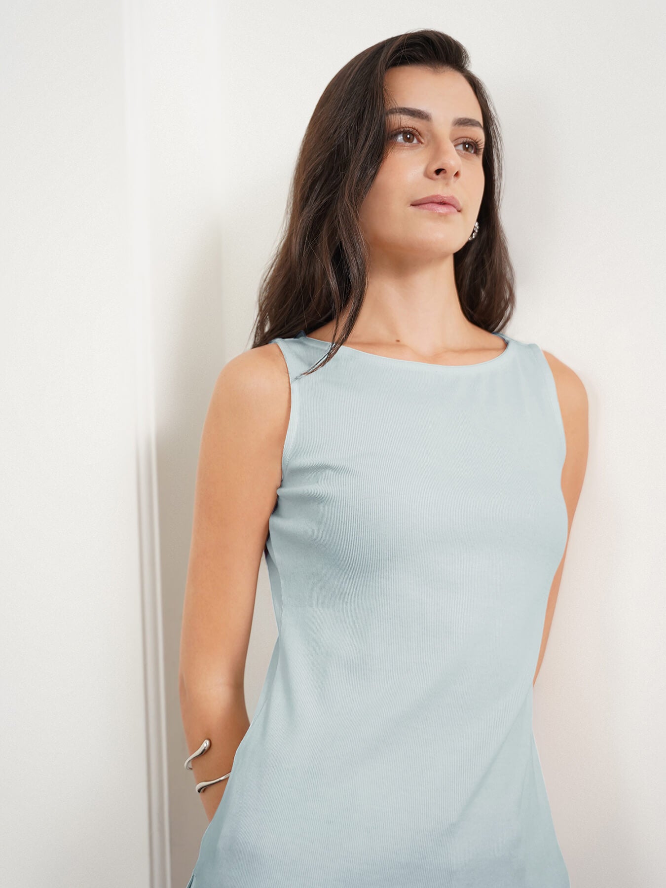 Cotton Boat Neck Tank Top - Blue