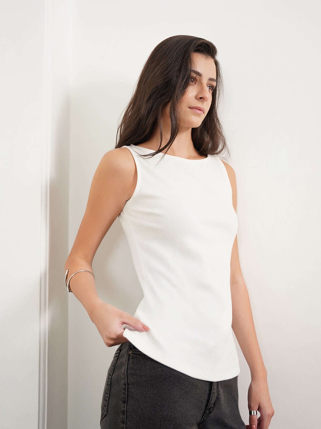 Cotton Boat Neck Tank Top - Off White
