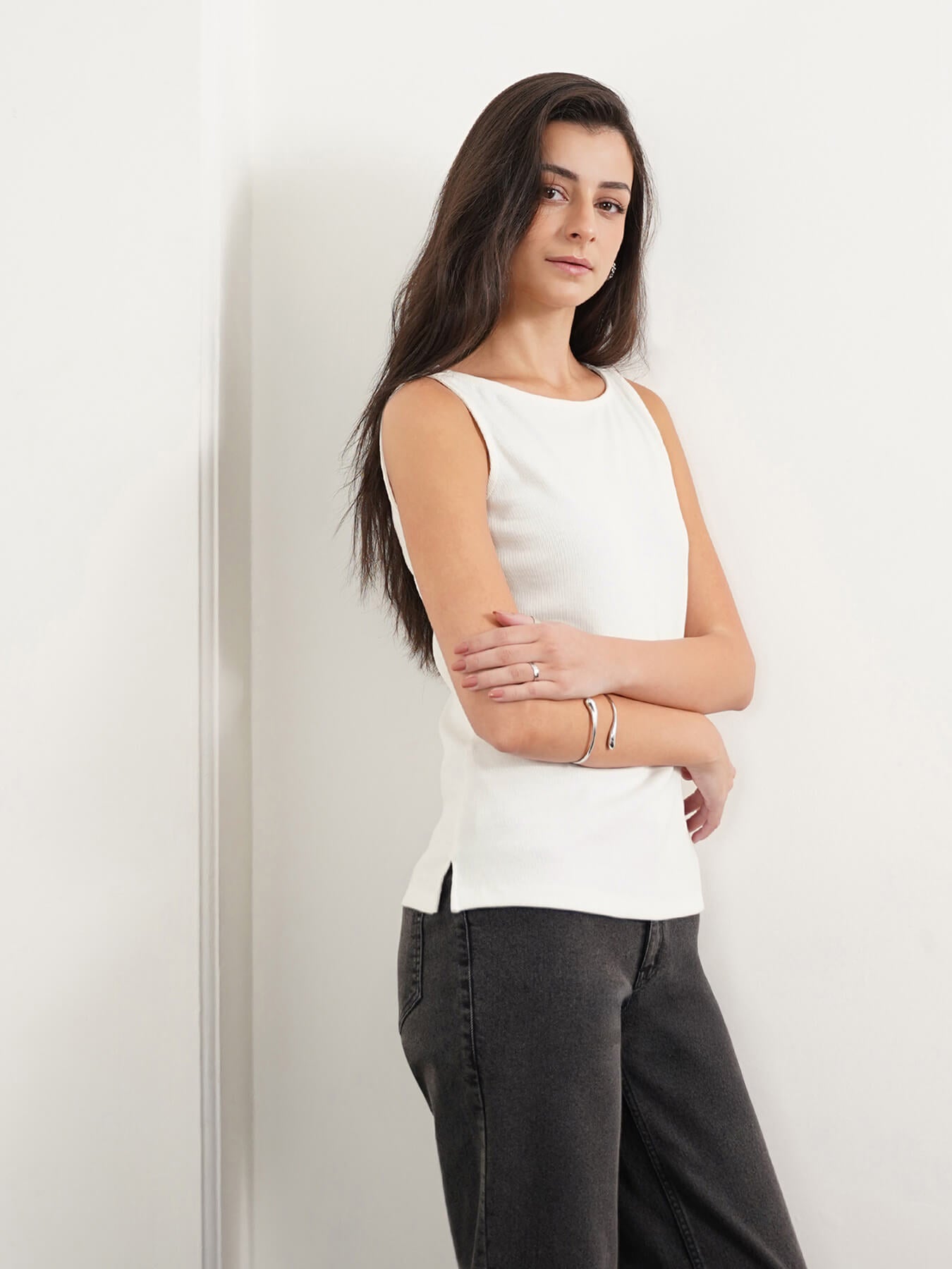 Cotton Boat Neck Tank Top - Off White
