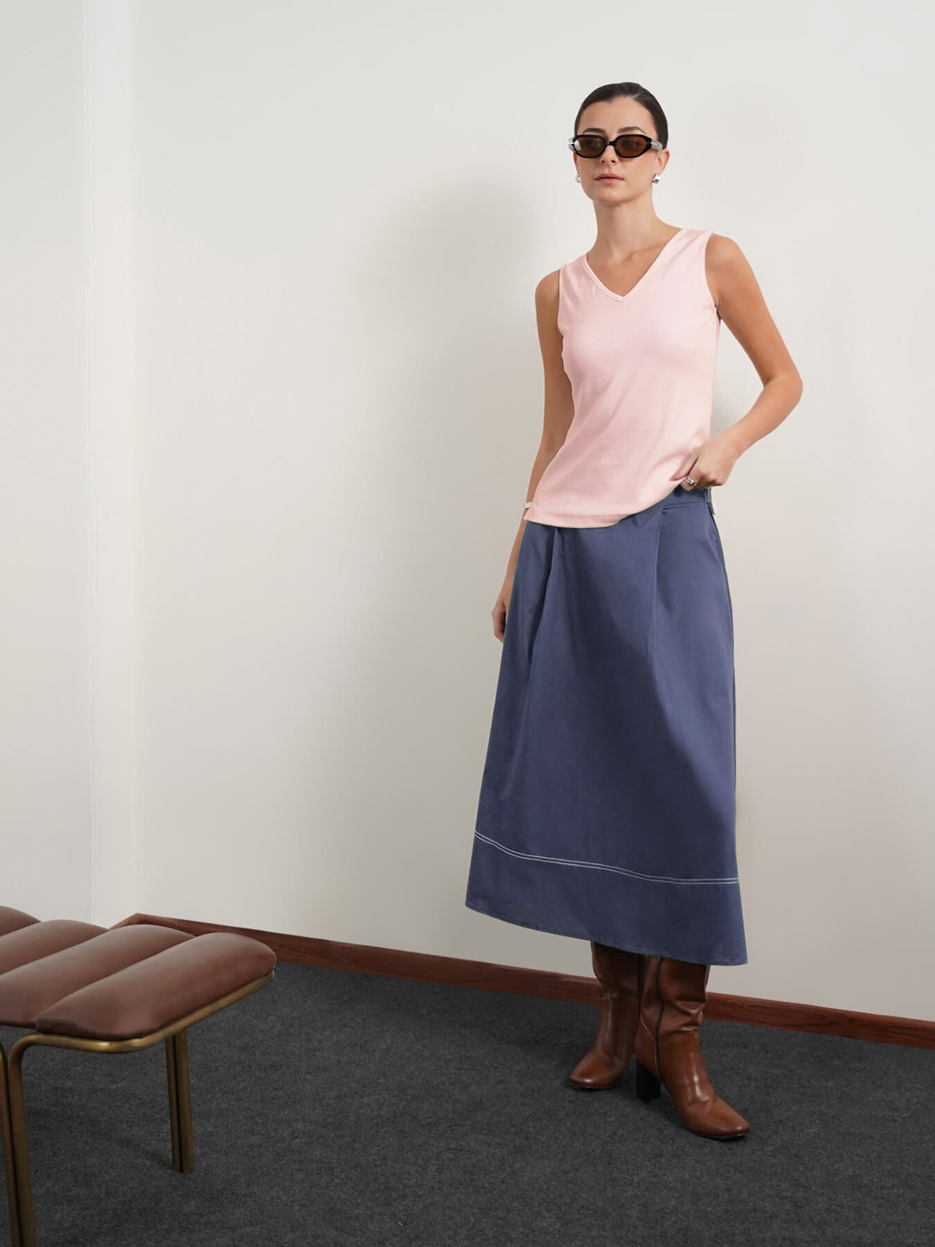 Cotton V Neck Tank Top - Baby Pink