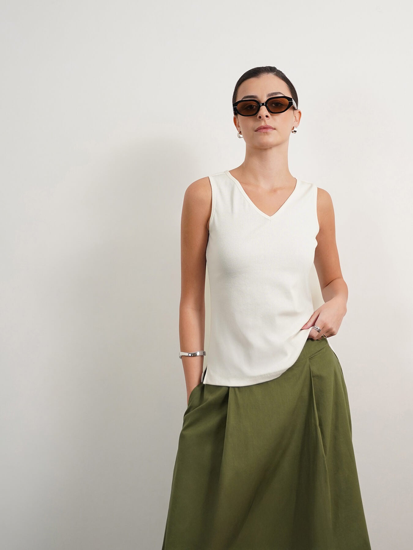 Cotton V Neck Tank Top - Off White