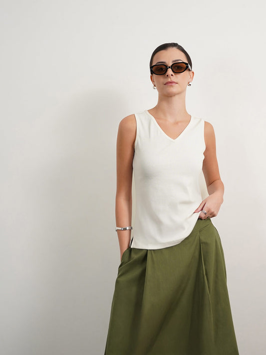 Cotton V Neck Tank Top - Off White