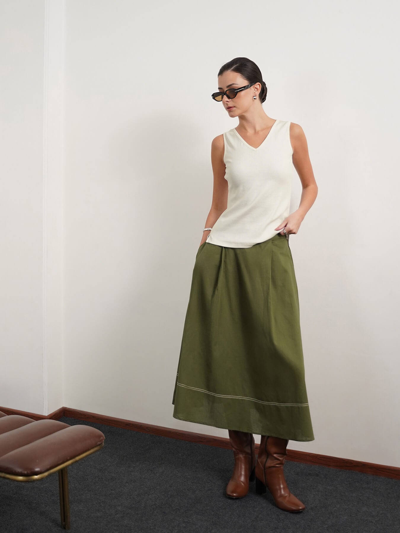 Cotton V Neck Tank Top - Off White