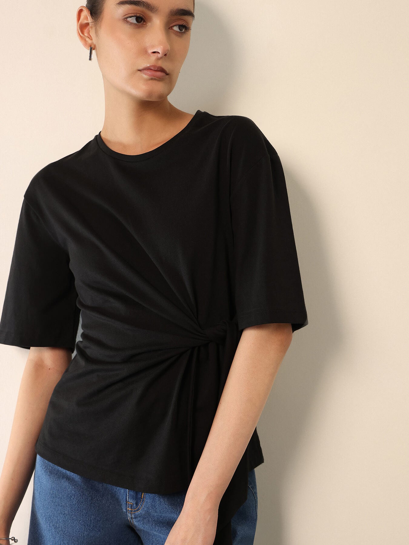Pure Cotton Round Neck Top - Black