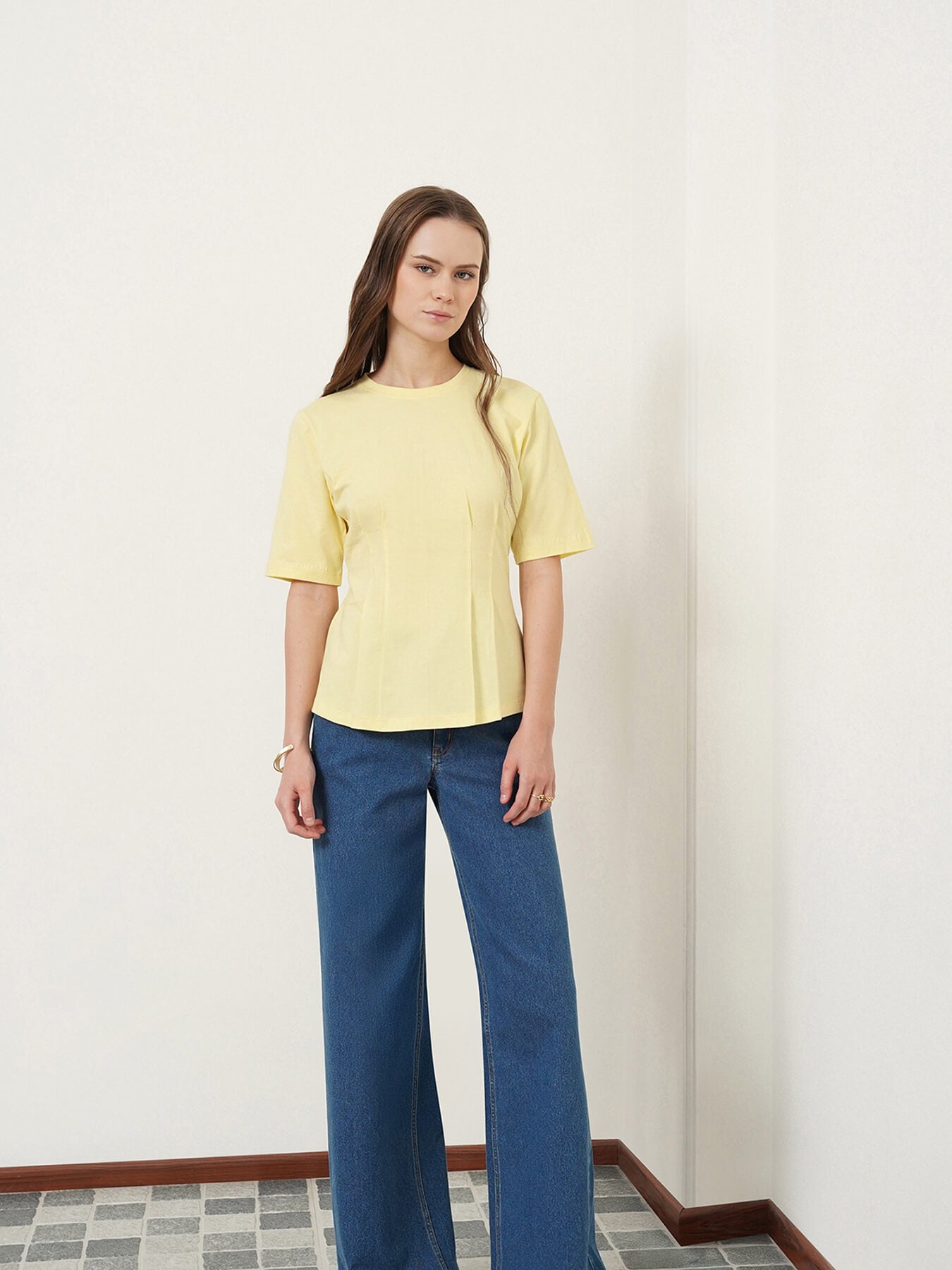 Cotton Round Neck Darted Top - Yellow
