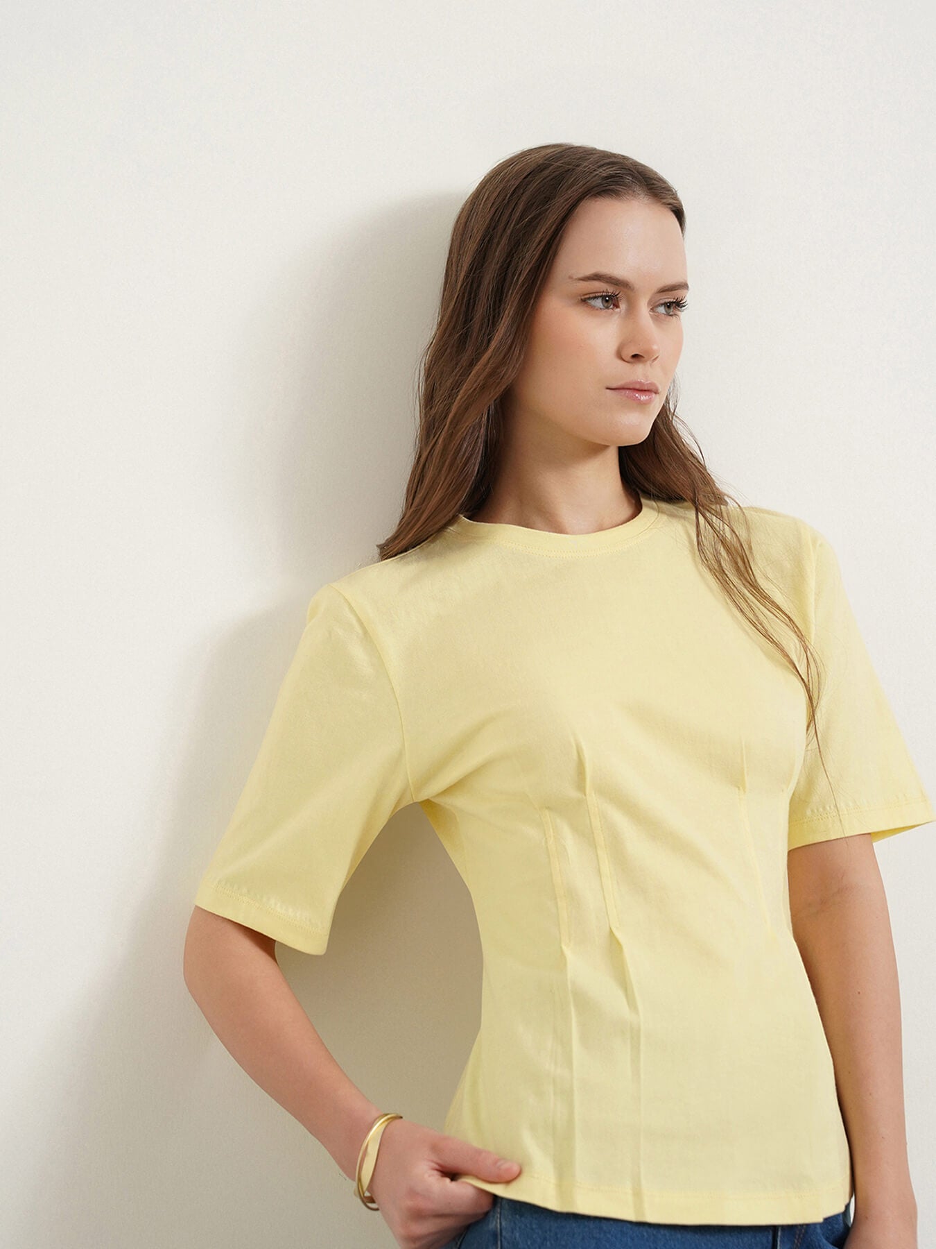 Cotton Round Neck Darted Top - Yellow