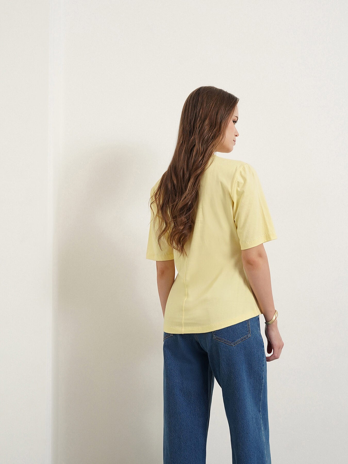 Cotton Round Neck Darted Top - Yellow
