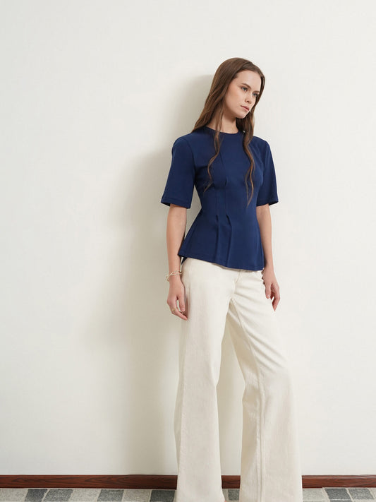 Cotton Round Neck Darted Top - Navy Blue