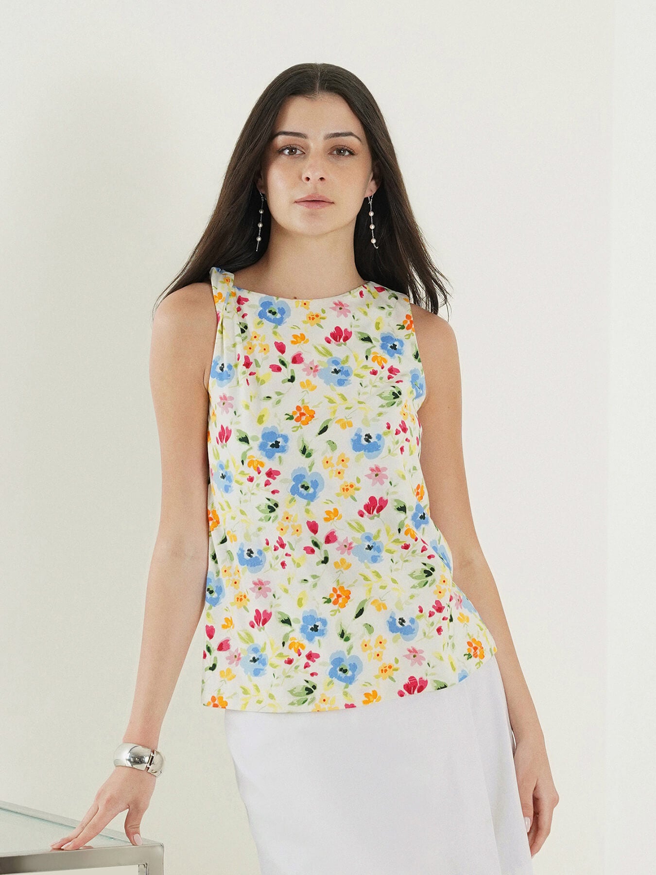 Cotton Floral Boat Neck Top - Multi