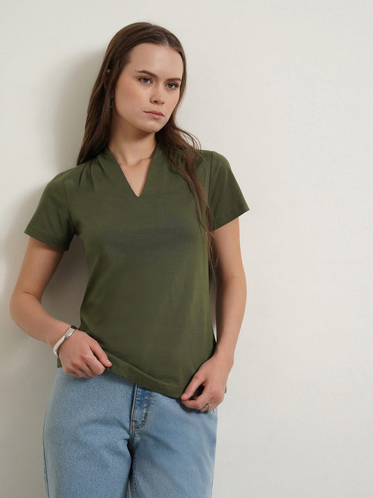 Cotton V-Neck Top - Olive