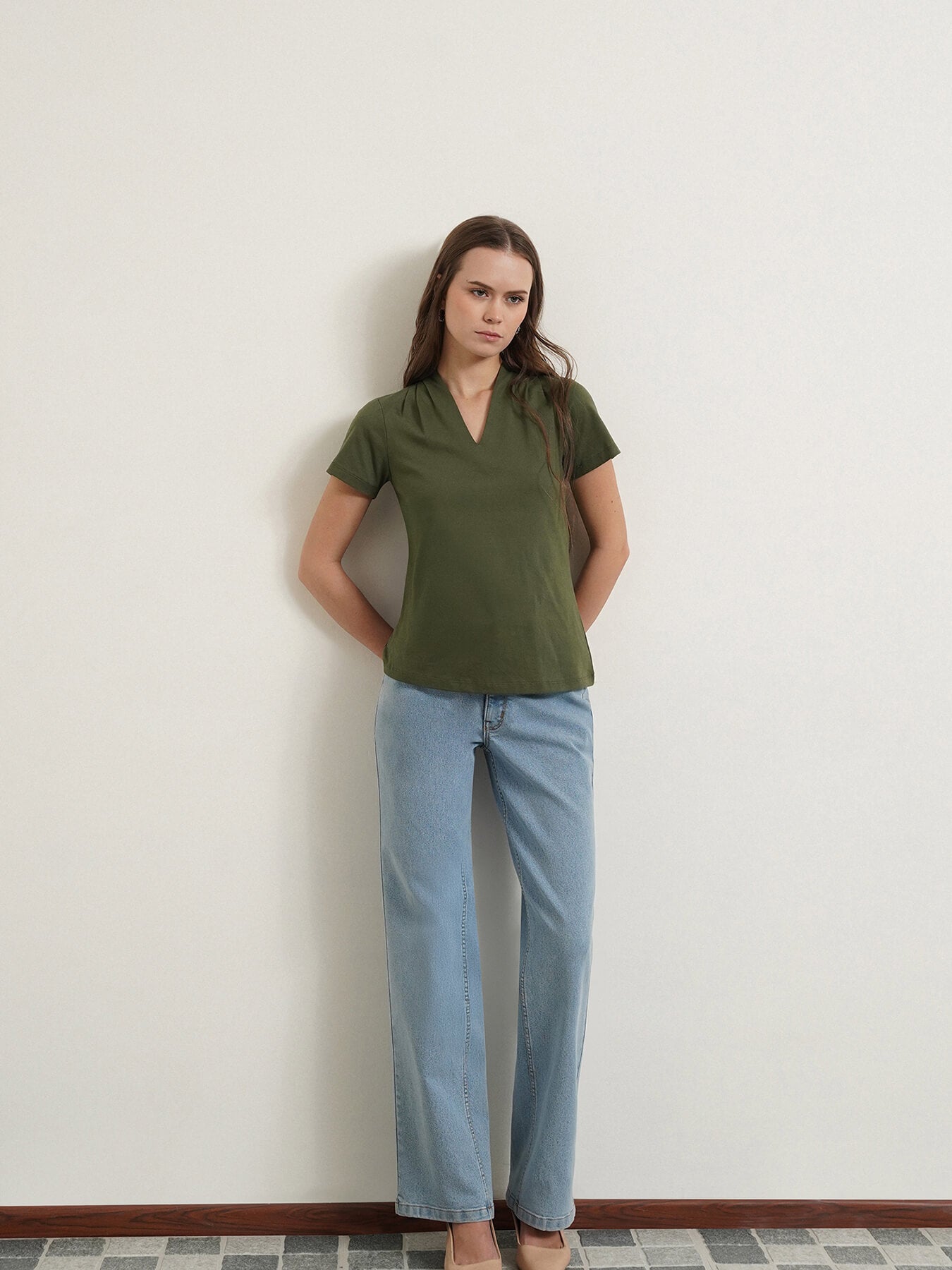 Cotton V-Neck Top - Olive