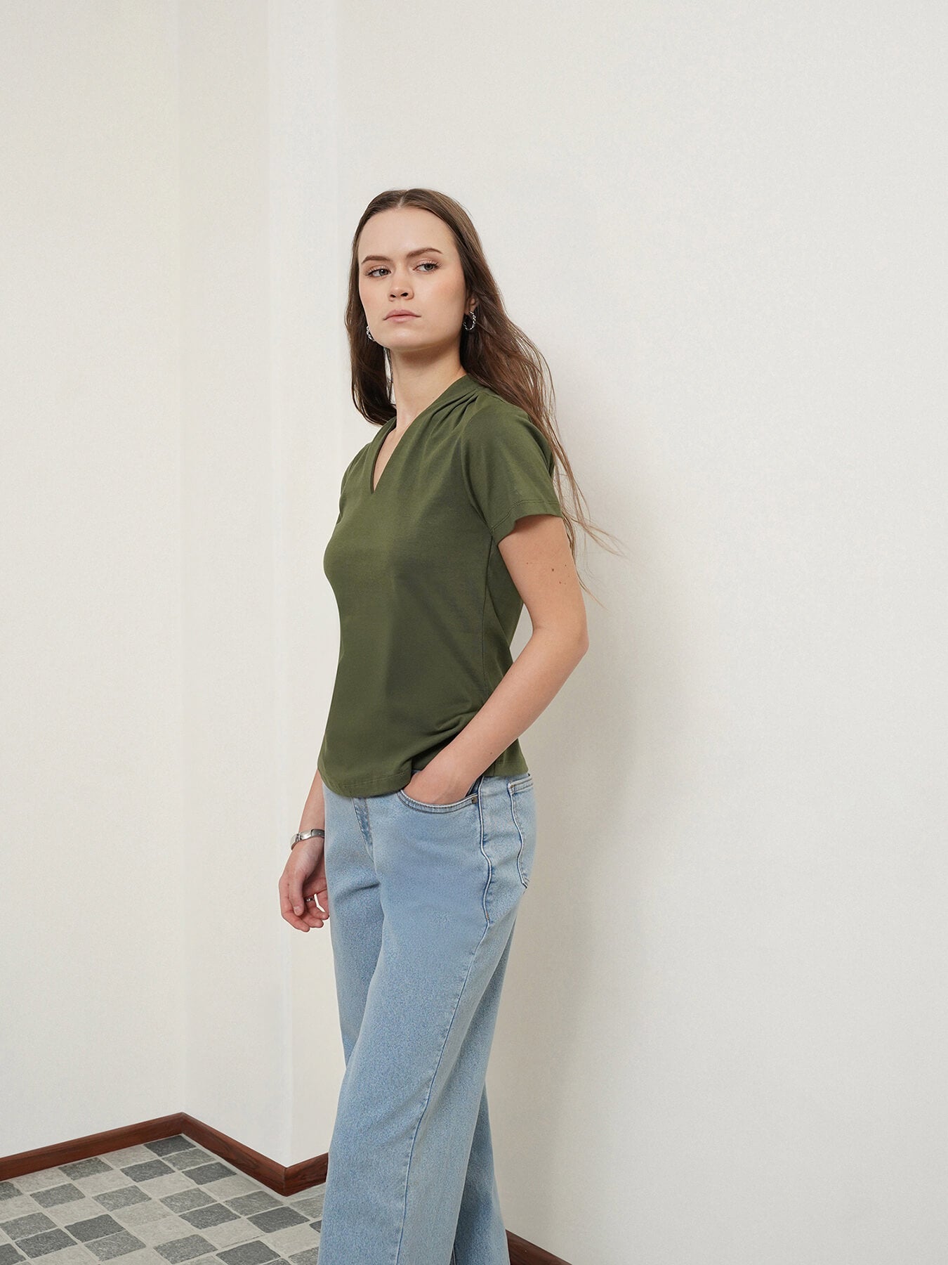 Cotton V-Neck Top - Olive